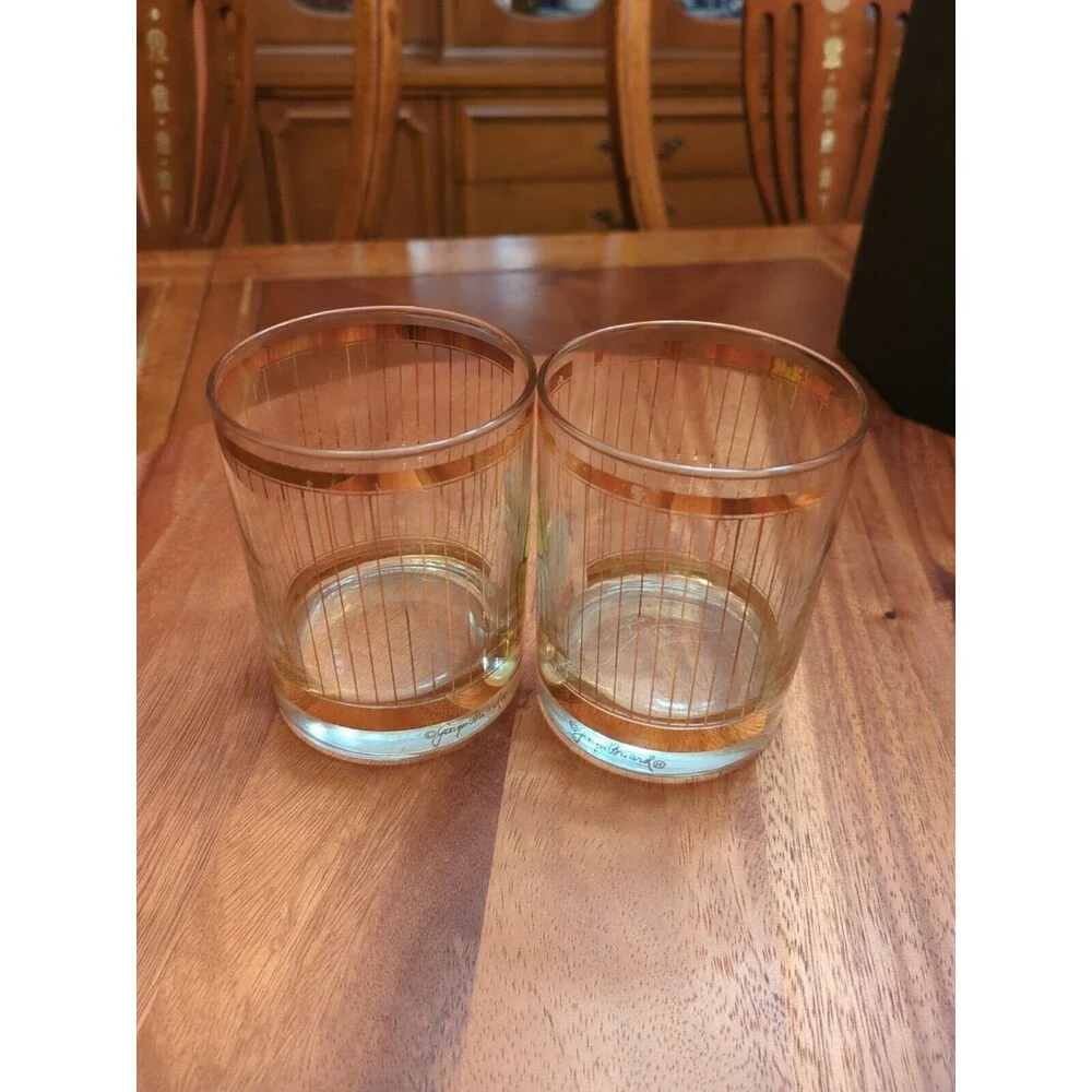 Georges Briard Signed Gold Plaid Double Old Fashioned Glasses Set 3